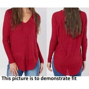 Free People Thermal Top M Oversized Waffle Knit Red Tunic Hi Low V Neck Cataline